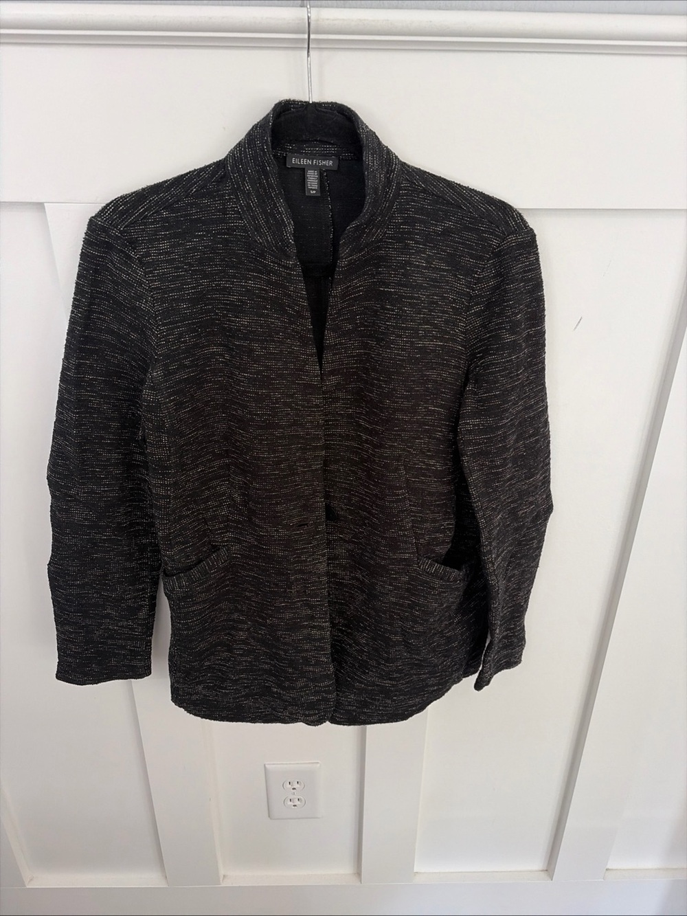 Eileen Fisher Black Marled Open Collar Knit Jacket-single button closure